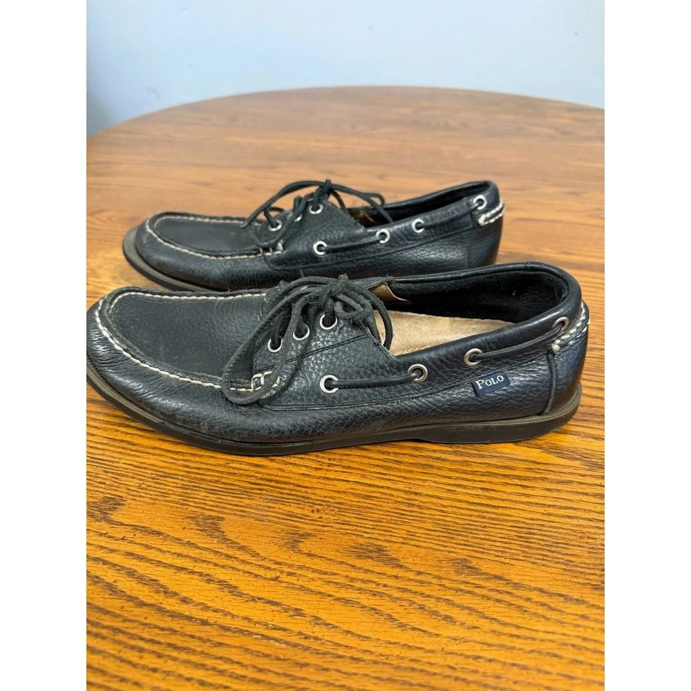 Men's Black Leather Polo Boat Loafers, Black Size 8
